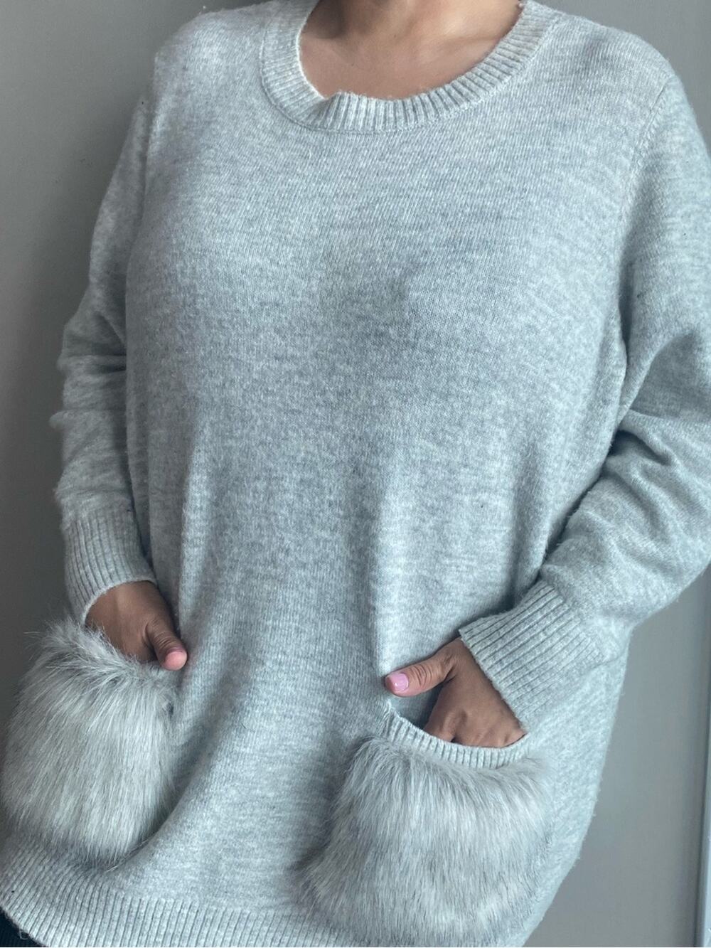 Lane Bryant Gray Oversized Sweater with Fake Fur Pockets